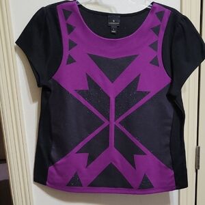 Worthington Black and Purple Geometric Short Sleeve Top